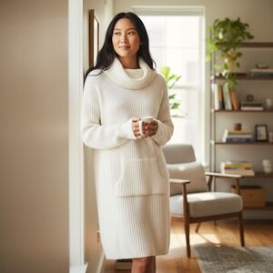 Softies‎ Oversized Rib Bouclé Sweater Dress S/M Cream Cowl Pocket Cozy Grandma